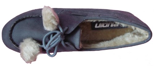 Vexcon Damen Slipper im klassischen College Style. Fell gefüttert, Fellbommel & Schnürer. Farbe Dunkelgrau, Größe 37 von Vexcon