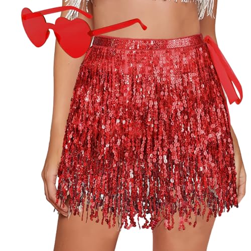 Pailletten Rock, Pailettenrock für Damen Gläser Set, Glitzerrock Gläser, Quasten Glitzer Rock, Mini Rock für Damen und Mädchen, Rot Bauchtanz Lateintanz Hula-Performance Kostüm, Steampunk Stil von Vexlyn