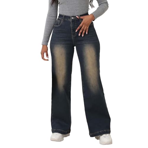 Baggy Jeans Damen Winter Warme Gefütterte Thermojeans Vintage Weites Bein Jeanshose Fleece Cargohose Retro Innenfleece Thermohose Baumwolle Hohe Taille Verdickte Winterhose von Vexuqedy