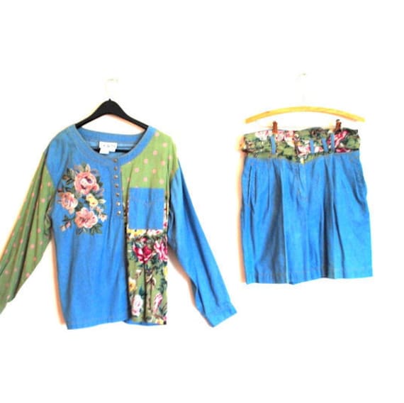 Sommermode Vintage 90Er Jahre, Baumwollmischgewebe Zu Kombinieren Slouchy Bluse Und Shorts. Hergestellt Von Together. Grösse M von VezaVe