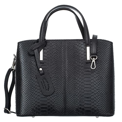 Vezze Rara Handtasche aus italienischem Leder - Reptilienstruktur - 1 Fächer, abnehmbarer Schulterriemen - Perfekte Innenorganisation - Schwarz von Vezze