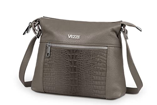 Vezze Selvaggia Handtasche aus Leder - 2 Hauptfäche - Reißverschlusstaschen - verstellbare Schulterrieme - Beige-Taupe von Vezze