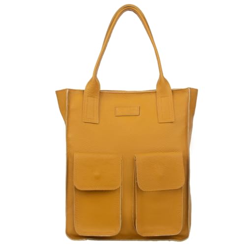 Vezze Wildleder-Shopper- Tasche - italienische Ledertasche - robust und wasserfest - große Hauptfach - mehrere Taschen und Griffen - und Schultertragen - Gelb-Safran von Vezze