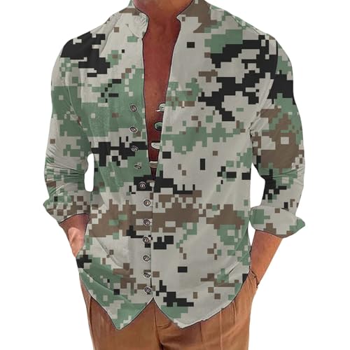 Hawaii Hemd Männer Henley Shirt Herren Langarm Grüne Hemden Stehkragenhemd Frühling und Langarmhemd mit 3D-Camouflage-Print Bedruckte T-Shirts Herren Hemd Hawaii Sommer von VgguDoe