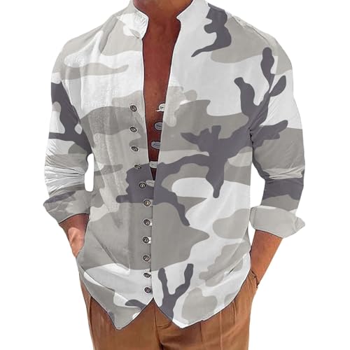 Hawaii Hemd Männer Henley Shirt Herren Langarm Grüne Hemden Stehkragenhemd Frühling und Langarmhemd mit 3D-Camouflage-Print Bedruckte T-Shirts Herren Hemd Hawaii Sommer von VgguDoe