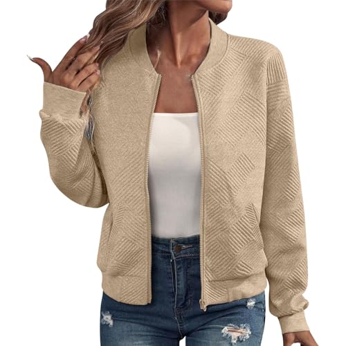 VgguDoe Bomberjacke Damen Sommer,Einfarbig Jacke Dünne,College Jacket Mädchen,Jacke Damen Sommer Leicht,Workout Kurzjacke,Pilotenjacke Zipper Frühlingsjacke Beige S von VgguDoe