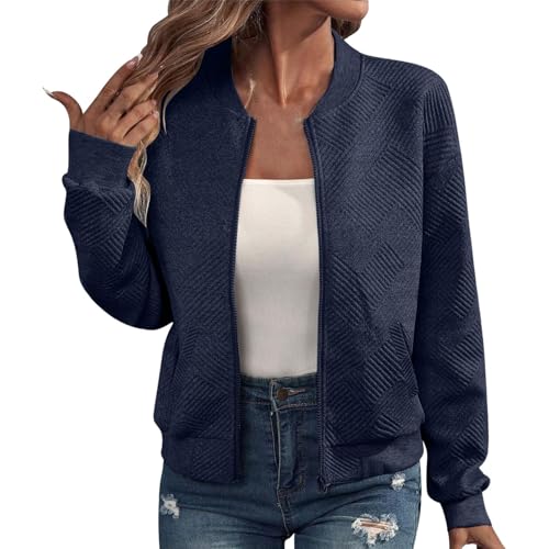 VgguDoe Bomberjacke Damen Sommer,Einfarbig Jacke Dünne,College Jacket Mädchen,Jacke Damen Sommer Leicht,Workout Kurzjacke,Pilotenjacke Zipper Frühlingsjacke Marine M von VgguDoe