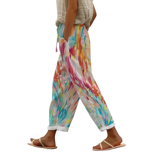 VgguDoe Gelbe Hose Damen Hose Weiß Leinen Sommerhose Damen Sommerhose mit Gummizug Hosen Damen Locker Kurze Sommerhose Damen Leicht Sommerhose Damen Kurz Travel Hose Damen von VgguDoe
