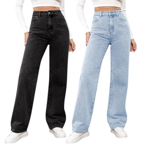 VgguDoe Jeanshosen Damen High Waist,Jeans Damen Straight,Y2K Jeans Mädchen,Denimhose mit Knopfleiste,Elegant Bequeme Pants,Freizeithose für Frauen 2pc Schwarz+bu1 5XL von VgguDoe