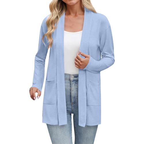 VgguDoe Lange Strickjacke Damen,Einfarbig Dünn Strickjacken,Cardigan Damen Lang,Übergangsjacke Frühling,Pullover & Strickjacken für Frauen,Longstrickjacke Women 1-1-hellblau M von VgguDoe