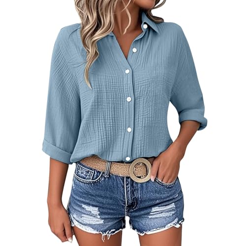 VgguDoe Musselin Bluse Damen,Crinkle Shirt Women,Boho Bluse Damen Elegant,Sommerbluse Women Leicht Und Luftig,Damenshirts für Frauen Sommer,Shirt 3/4 Arm 1-2-Hellblau XXL von VgguDoe