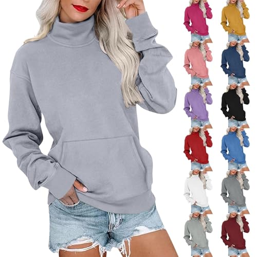 VgguDoe Pullover Damen Schlicht, Hochkragen Sweatjacke,Lockere Passform Pulli Damen,Langarm Winter Pullover,Sweatshirt Women Oversized,Sport Kleidung Frauen Light ashy L von VgguDoe