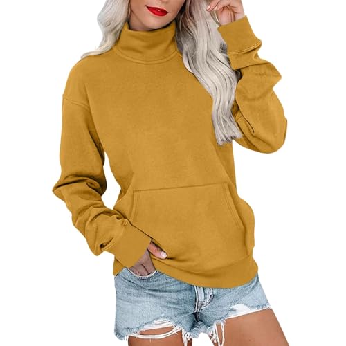 VgguDoe Pullover Damen Schlicht, Hochkragen Sweatjacke,Lockere Passform Pulli Damen,Langarm Winter Pullover,Sweatshirt Women Oversized,Sport Kleidung Frauen gelb L von VgguDoe
