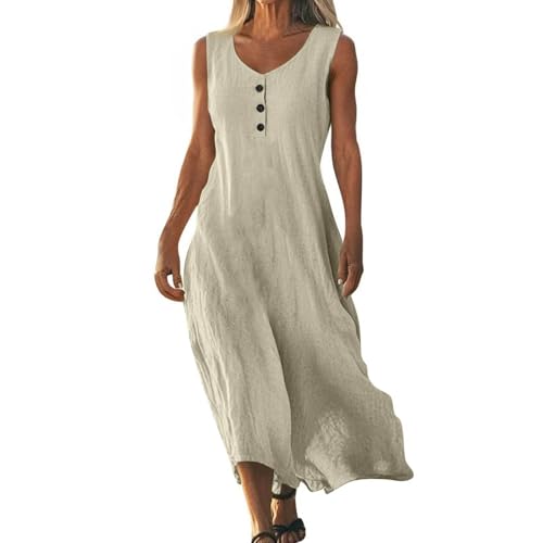 VgguDoe Strandkleid Damen Luftig Lang,Sommerkleid Damen Lang,V-Ausschnitt Kleid Ärmellos,Sommerkleider für Mollige,Umstandskleid Festlich,Leinenkleider Sommer 1-1-beige S von VgguDoe
