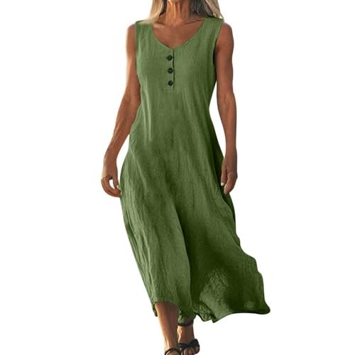 VgguDoe Strandkleid Damen Luftig Lang,Sommerkleid Damen Lang,V-Ausschnitt Kleid Ärmellos,Sommerkleider für Mollige,Umstandskleid Festlich,Leinenkleider Sommer 1-1-grün XL von VgguDoe