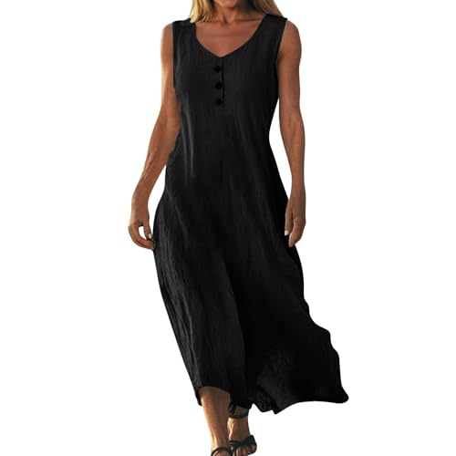 VgguDoe Strandkleid Damen Luftig Lang,Sommerkleid Damen Lang,V-Ausschnitt Kleid Ärmellos,Sommerkleider für Mollige,Umstandskleid Festlich,Leinenkleider Sommer 1-2-schwarz M von VgguDoe