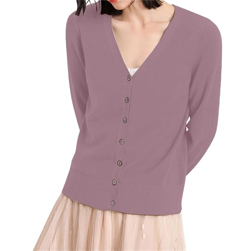 VgguDoe Strickjacke Damen Kurz Aus Weichem Strick mit Klassischer Knopfleiste und Langen Ärmeln V-Ausschnitt Leichter Sommer Cardigan Bunt 1-2-lila XL von VgguDoe