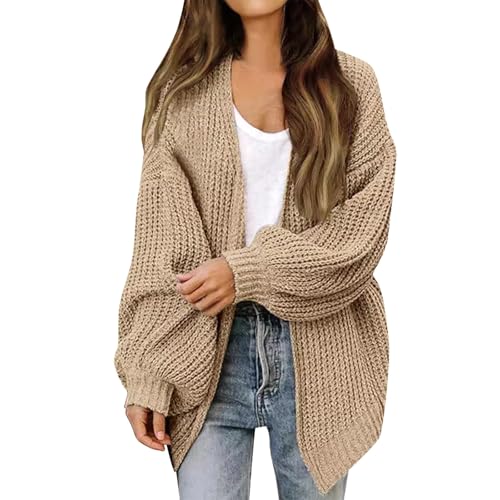 VgguDoe Strickjacken für Damen,Cardigan Damen Lang,Strickjacke Mädchen,Offene Front Grobstrickjacke Frauen,Strickjacke mit Laternenärmeln für Women,2025 Elegant Herbstpullover khaki L von VgguDoe