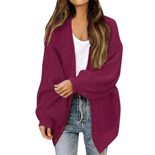 VgguDoe Strickjacken für Damen,Cardigan Damen Lang,Strickjacke Mädchen,Offene Front Grobstrickjacke Frauen,Strickjacke mit Laternenärmeln für Women,2025 Elegant Herbstpullover rot S von VgguDoe