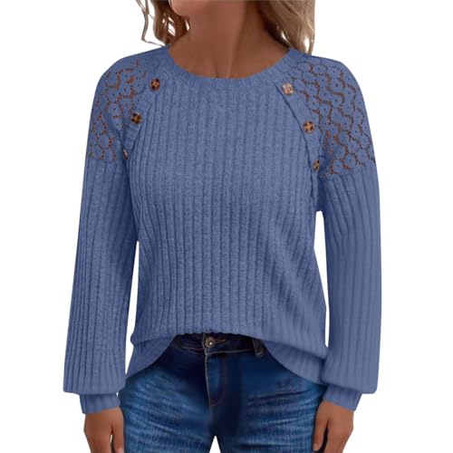 VgguDoe Strickpullover Damen,Spitze Spleißen Blusen mit Knöpfen,Herbst Langram Strickpullover Elegante,Grobstrickpullover Damen,Women's Fashion Pullover,Sweater für Frauen Blau S von VgguDoe