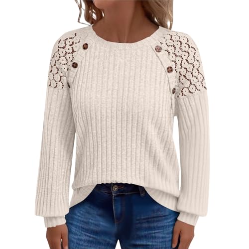 VgguDoe Strickpullover Damen,Spitze Spleißen Blusen mit Knöpfen,Herbst Langram Strickpullover Elegante,Grobstrickpullover Damen,Women's Fashion Pullover,Sweater für Frauen Weiß S von VgguDoe