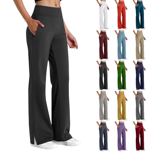 VgguDoe Yogahose Damen,Stretch Hose Damen mit Schlitz,Gerade Hose mit Weitem Bein für Frauen,Trousers for Women,Baggy Jogginghose,Freizeithose Women,Y2K Leggings schwarz XL von VgguDoe