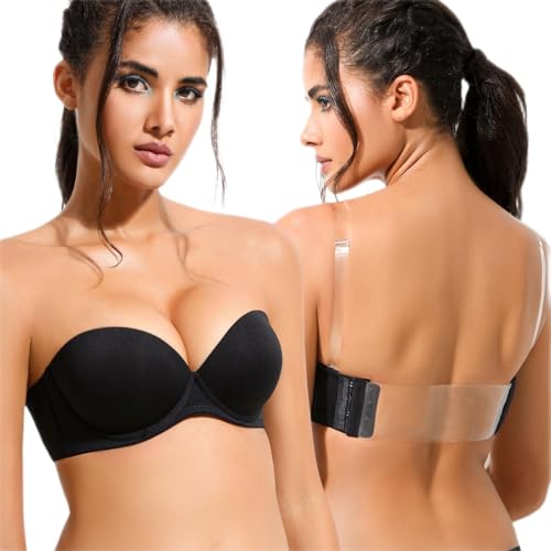 Vgplay Trägerloser BH mit transparentem Rücken, gepolstert, Push-Up-BH, wandelbare Träger, Bügelunterstützung, Spitze, Lift-Up-BHs für Damen, Schwarz1, 95B von Vgplay