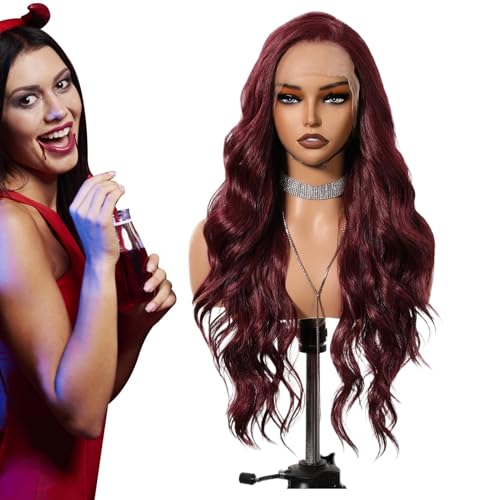 Burgunderfarbene Perücke aus Spitze, dunkles Burgunderrot | Rote Körperwelle 25 Zoll lang menschliche Perücken – glumfreies Haar, transparente Spitze für Frauen, 13 x 6 Pre- von Vgvgaj