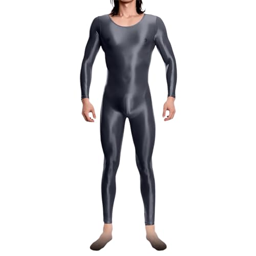 Vhersily 2025 Angebote - Herren Glossy Body One Piece Schwimmen Bodysuit Bademode Langarm Reißverschluss Bodystocking Anzug Teddies Pyjama, grau, XL von Vhersily