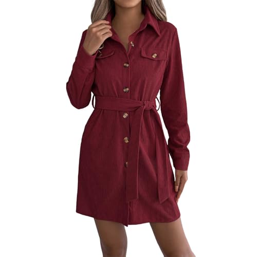 Vhersily 2025 Damen Cord Samt Hemdkleid Langarm Mit Gürtel Mini Tunika Herbst Lässig Einfarbig Für Herbst Und Winter, Bequem Und Vielseitig Für Look,Leicht Zu Reinigen, rot, M von Vhersily