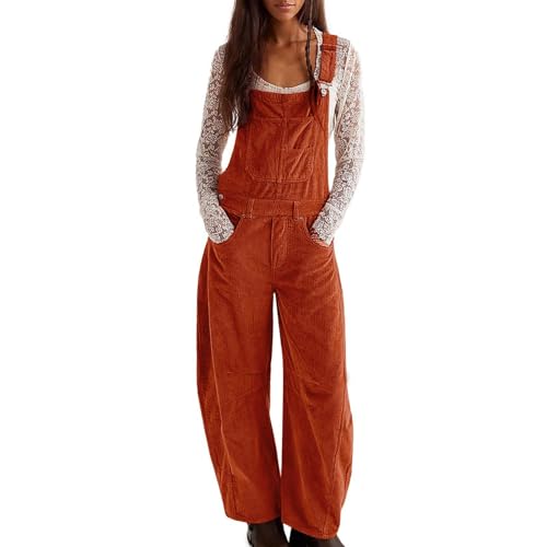 Vhersily 2025 Damen Kordsamt Latzhose Retro Ärmellos Mode Lässige Latzhose mit weitem Bein Taschen mit verstellbaren Trägern Latzhose Latzhose, Orange, M von Vhersily
