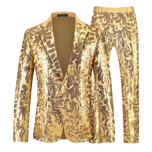 Vhersily 2025 Set Jacke + Hose Herren Mit Pailletten Goldenes Kleid Tanz Kleid Männlich Blazer Für Events Curvy Samt Hochzeit Moderne Kleidung Bequeme Prom Anzüge Arbeit Für Abend, gold, M von Vhersily