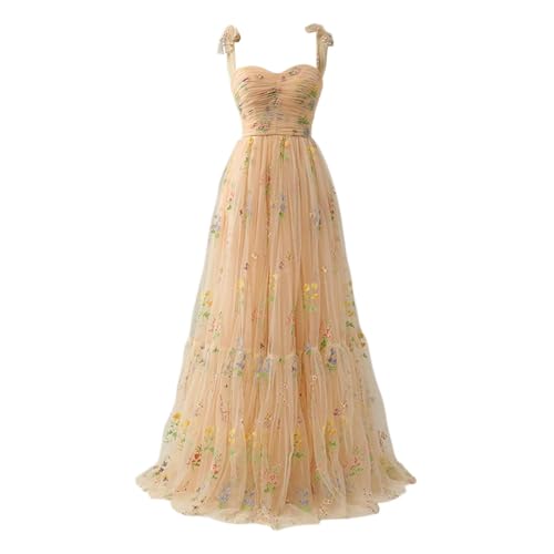 Vhersily Brautjungfernkleider, Damen Blumenstickerei Tüll Ballkleider, Langes Korsett Spaghetti Fee Rost Formelles Abendkleid Partykleid, Frühlingskleider, Cocktailkleid Minikleid, beige, XXXL von Vhersily
