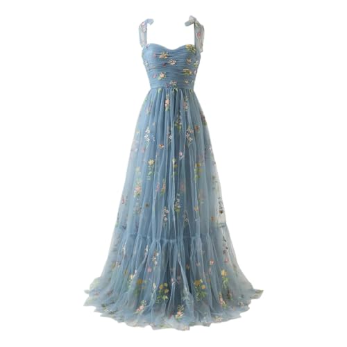Vhersily Brautjungfernkleider, Damen Blumenstickerei Tüll Ballkleider, Langes Korsett Spaghetti Fee Rost Formelles Abendkleid Partykleid, Frühlingskleider, Cocktailkleid Minikleid, blau, XL von Vhersily
