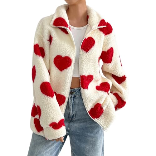 Vhersily Damen Fleece Jacke Heart Print Reißverschluss Langarm Revers & Winter Kawaii Y2K Harajuku Druck Herz Form Plüsch Frauen Winter Paar Warme Streetwear, rot, XXL von Vhersily