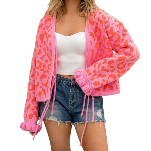 Vhersily Damen Langarm Strickjacke Leopard Tie Front Gestrickt Crop Pullover Cardigan Ärmel Laterne V-Ausschnitt Schulter Tropfen Casual Einfarbig Herbst Winter, Warmes Rosa., L von Vhersily