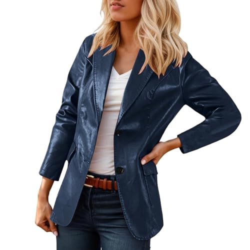Vhersily Damen Sportjacke PU Leder Langarm Arbeit Büro Blazer Kunstleder Sommer Party Frühling Übergangszeit Vielseitig Kombinierbar mit Hosen, Marine, 50 von Vhersily