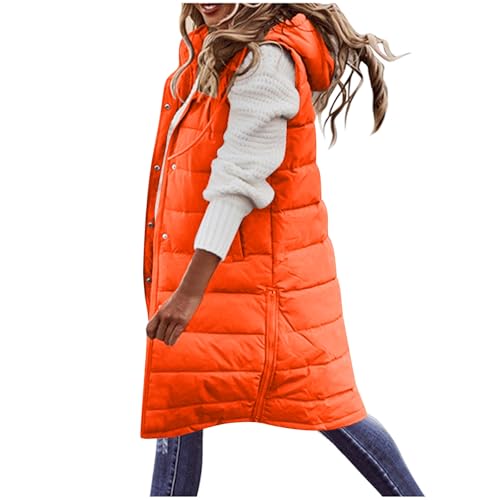 Vhersily Damen Wintermantel Ärmellos Lange Weste mit Kapuze Warm Daunenmantel mit Taschen Gesteppte Outdoorjacke Lange Winterjacke, rot, L von Vhersily