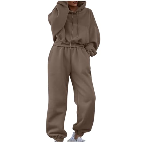 Vhersily Damen Wintersportanzug 2-teilig Sweatshirt + Sporthose Anzug Casual Sport Overall für Jacke 2 Stück Solid Casual Top Set Langarm Sportbekleidung Overall, kaki, M von Vhersily