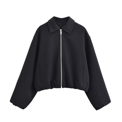 Vhersily Herbst beiläufige Bomberjacke Frauen Mädchen Leichte Flight Jacken Revers Kragen Kurze Ärmel Plissee Kurze Oberbekleidung Herbst Mode Outwear Übergangszeit, Schwarz , XS von Vhersily