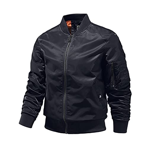 Vhersily Herren Militär Jacken Monochrome Bomber Oberbekleidung Flieger Baseball Jacken Outdoor Vintage Freizeit Casual Running Radfahren, Schwarz , XXXXXL von Vhersily