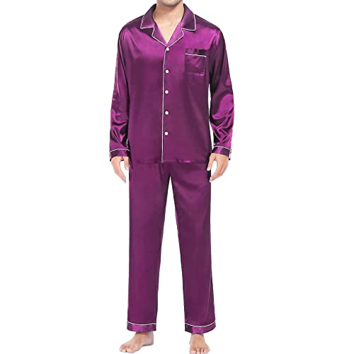 Vhersily Herren Schlafanzug Satin 2 Stück Nachtwäsche Schlafanzug Nachthemd Schlafanzug Langarm Pyjama für Alle Jahreszeiten Herren Pyjamas, violett, 54 von Vhersily