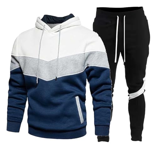 Vhersily Black Friday Herren-Trainingsanzug mit Kapuze und Jogginghose, zweiteiliges Sweatshirt mit Farbblock-Design, Winter-Hoodie, weiß, L von Vhersily