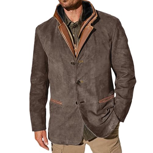 Vhersily Herren Vintage Wildleder Jacke Doppelschicht Blazer mit Kragen Mittlere Länge Perfekt für Herbst und Winter Winterjacke Trenchcoat Outwear Arbeit Klettern, Kaffee, XXXL von Vhersily