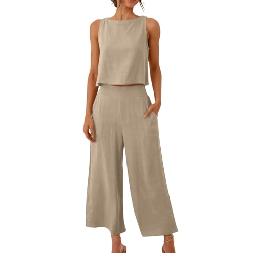 Vhersily Jumpsuit Damen Sommer Leinen Set Sommer Leicht Bequem Ärmelloses Top + Lange Hose Elegante Kleidung für Training, Freizeit, Einfarbig, Khaki, M von Vhersily
