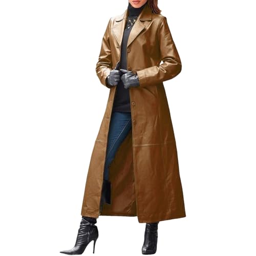 Vhersily Langer PU-Mantel für Frauen Damen Kunstleder Windbreaker Trenchcoat Wmens Knöchellänge mit einfarbigen Knöpfen Tunika dünne Revers Biker mit Taschen, braun, L von Vhersily