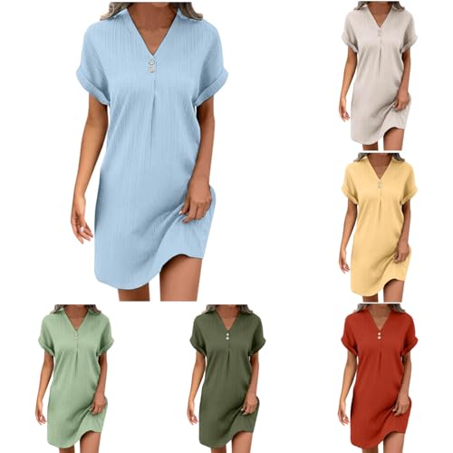 Vhersily Musselin Kleid Damen Sommer V-Ausschnitt Luftige Tunika Kleid Einfarbige mit Knöpfen Lässiges Kurzarm Sommerkleid Leicht Musselin Bluse Kleid Modischer Boho Strandkleider Freizeitkleid von Vhersily