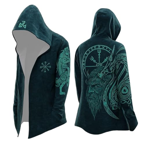 Vhersily Mythos Nordisch Herren Strickjacke Mittlere Lang Mit Kapuze, Klassisch 3D Gedruckt Mantel Mit Taschen, Biker Jacke Frühling Sweatshirt Mittelalter Wikinger Jacke Winter Winddicht Regen Jacken von Vhersily