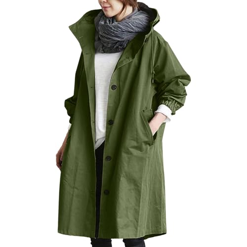 Vhersily Outdoor Jacken Damen Frühling Regenmantel Solide Lange Windjacke mit Kapuze Wasserdicht mit Taschen Windjacke Wasserdicht Baggy Trenchcoat Leichte Windjacke, AG, 54 von Vhersily