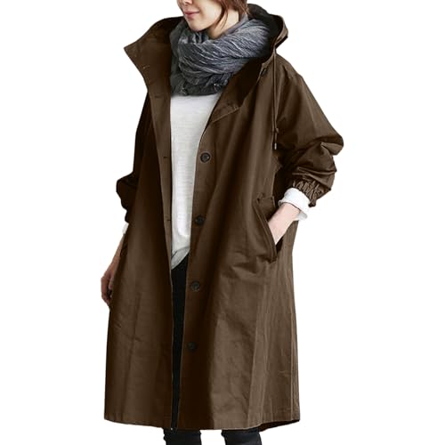 Vhersily Outdoor Jacken Damen Frühling Regenmantel Solide Lange Windjacke mit Kapuze Wasserdicht mit Taschen Windjacke Wasserdicht Baggy Trenchcoat Leichte Windjacke, Coffee, 54 von Vhersily
